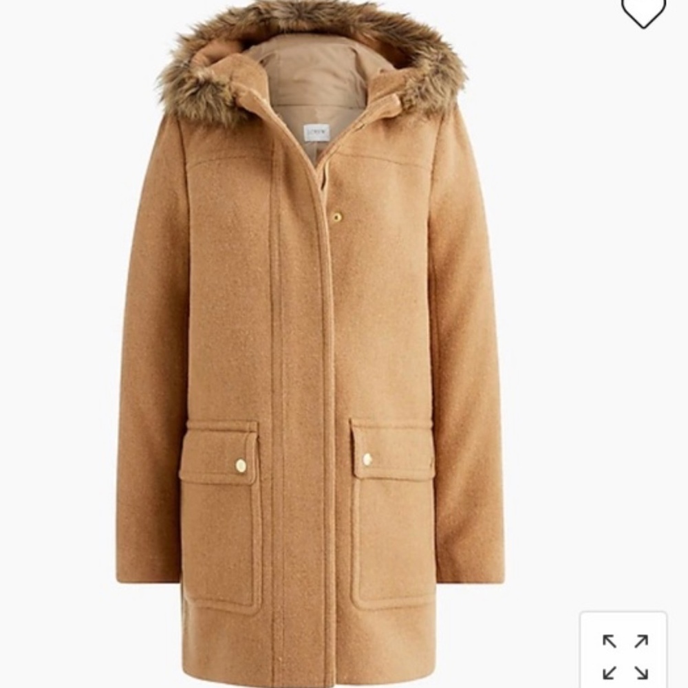 J. Crew Women's Camel Hooded Wool-Blend Coat with Faux-Fur Trim